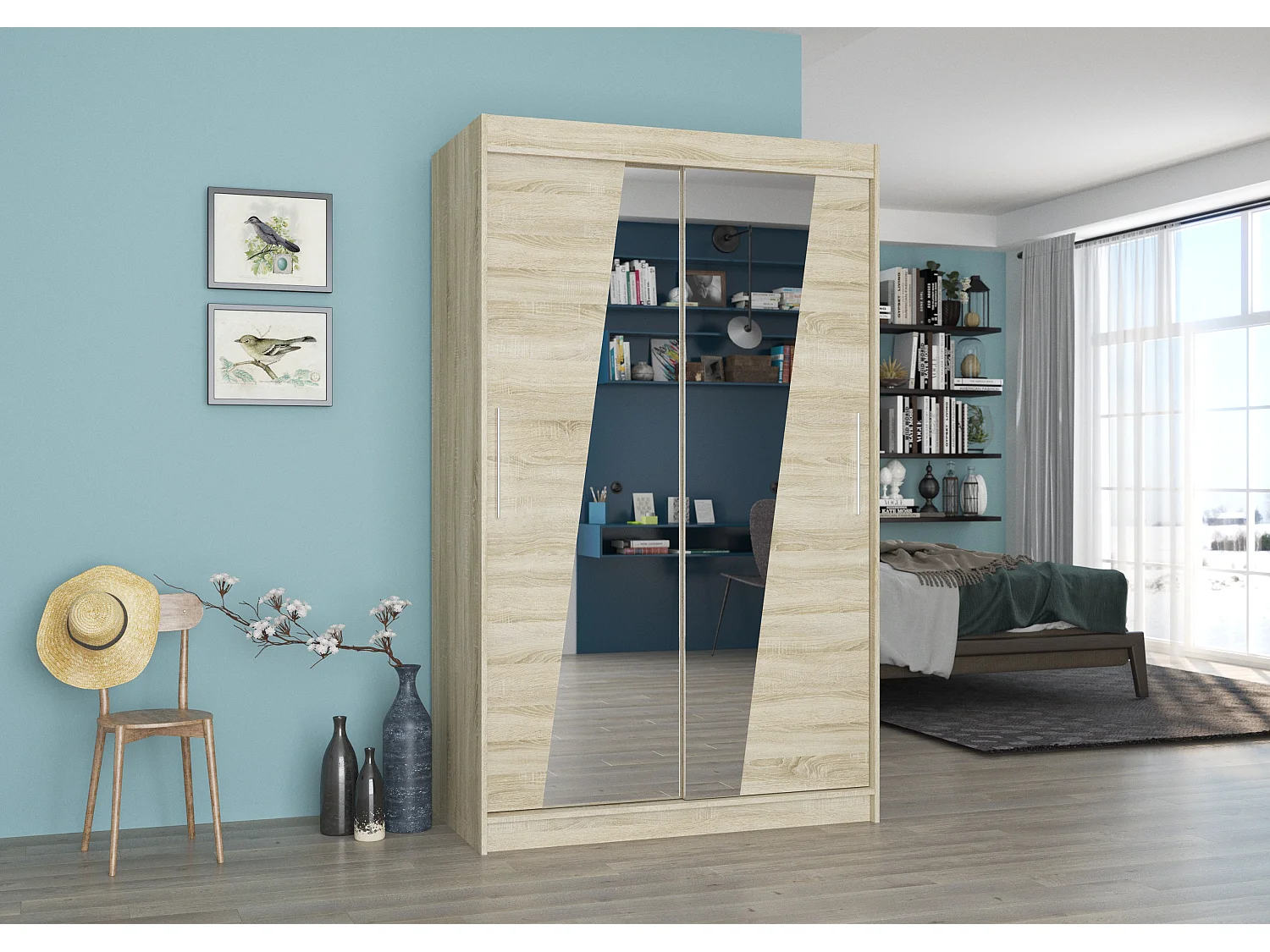 Petite armoire de chambre 2 portes coulissantes bois clair et miroirs en diagonale Texano 120cm