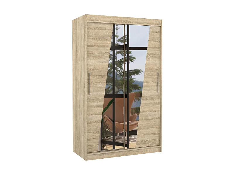 Petite armoire de chambre 2 portes coulissantes bois clair et miroirs en diagonale Texano 120cm