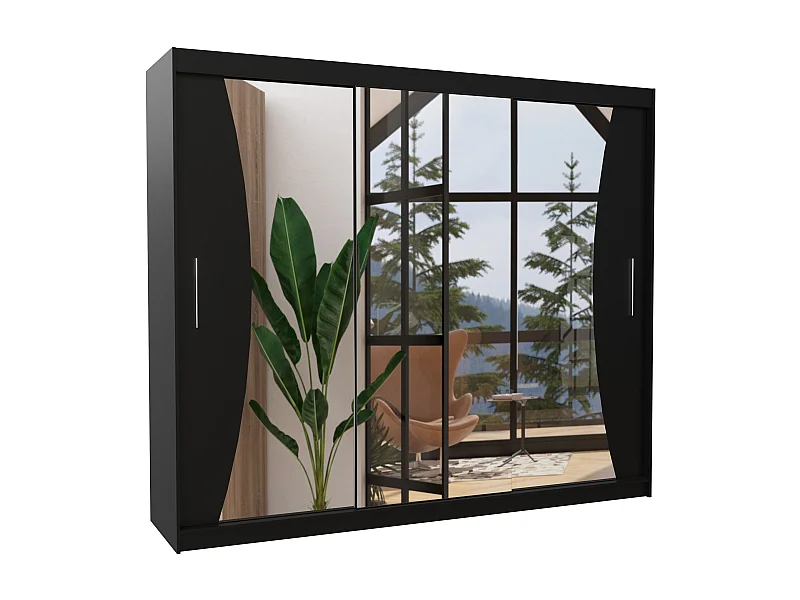 Grande armoire de chambre à coucher 3 portes coulissantes noir et miroir Douko 250cm