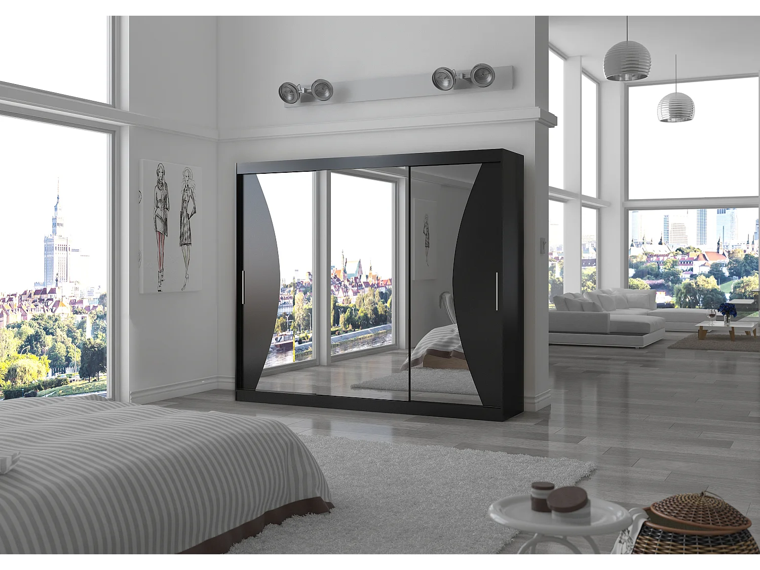 Grande armoire de chambre à coucher 3 portes coulissantes noir et miroir Douko 250cm