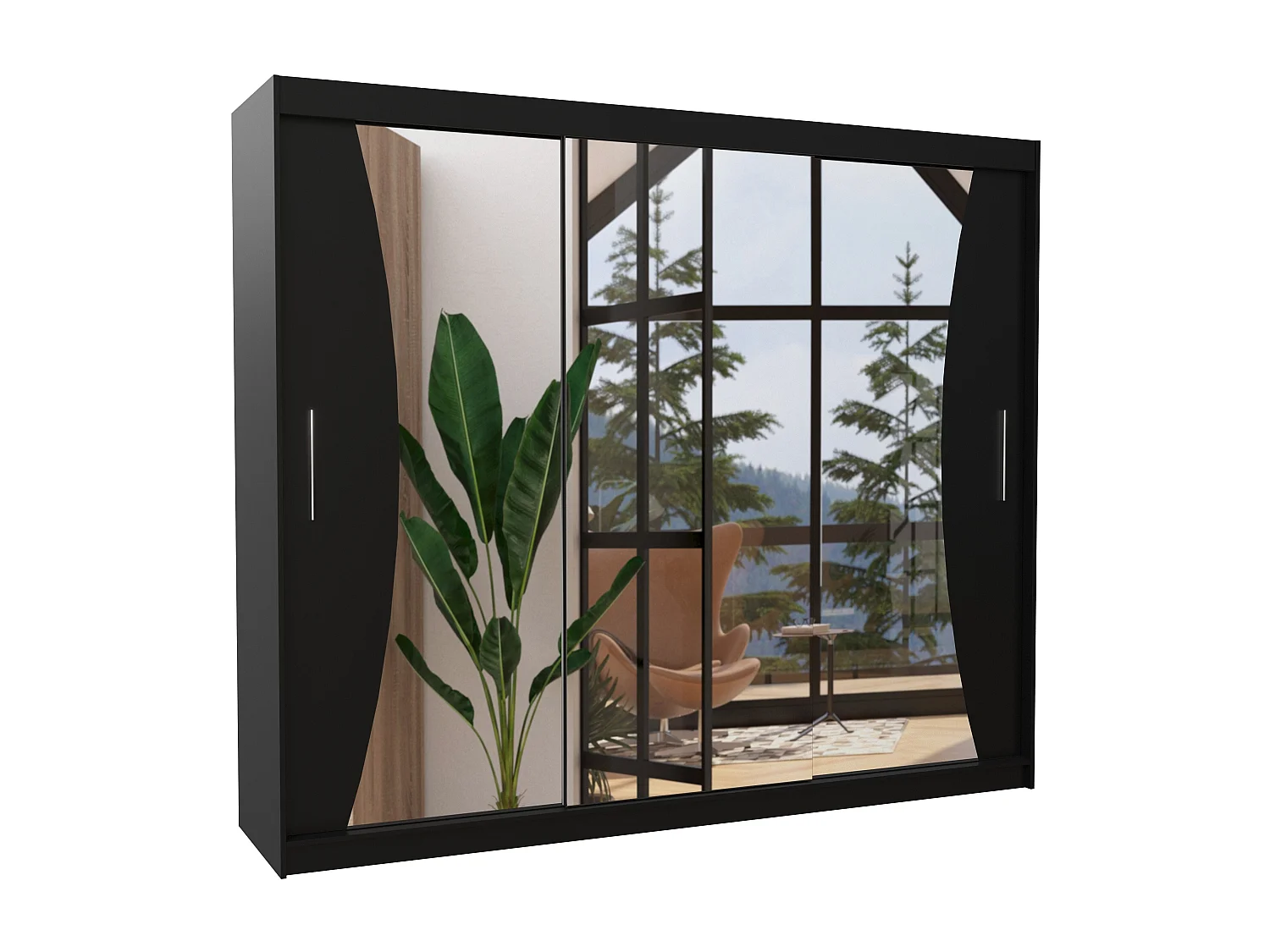 Grande armoire de chambre à coucher 3 portes coulissantes noir et miroir Douko 250cm