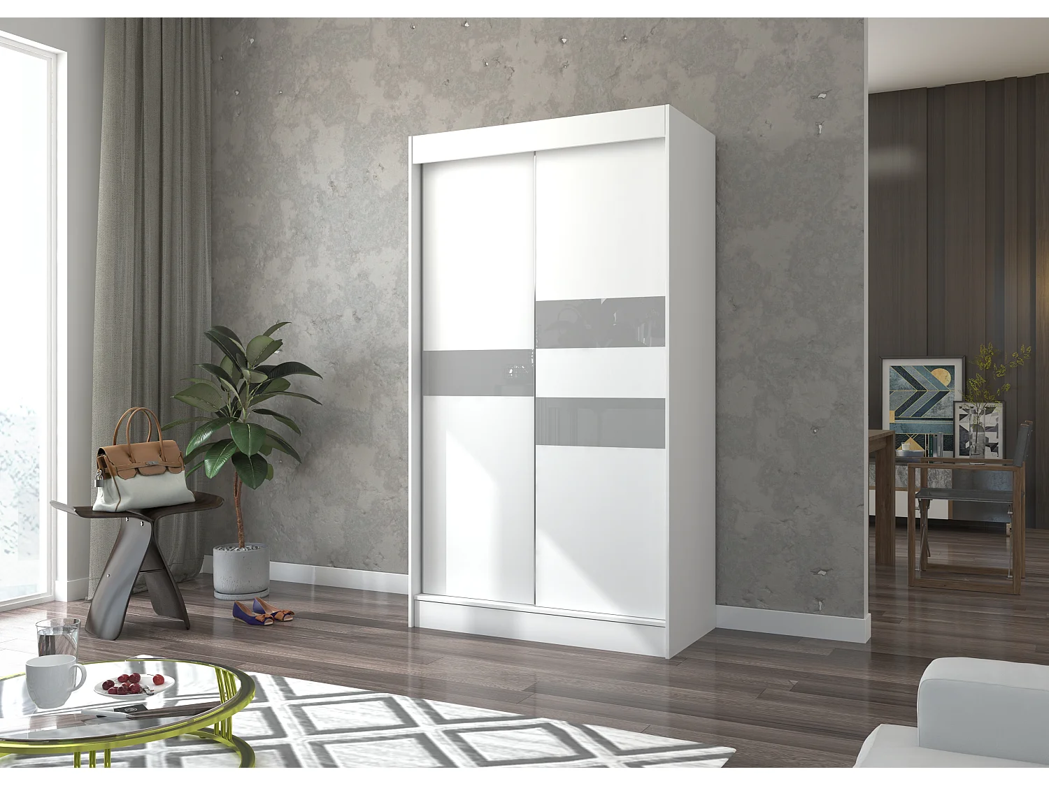 Armoire de chambre à portes coulissantes bois blanc mat et gris laqué Korza - 3 tailles-Largeur 200 cm