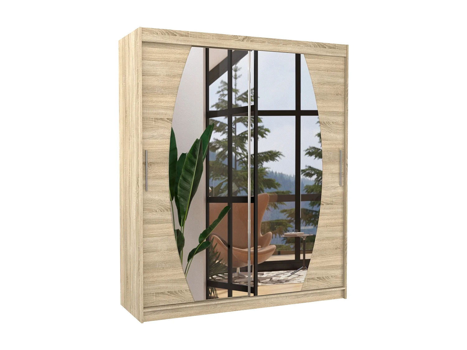 Armoire de chambre à coucher 2 portes coulissantes bois clair et miroir Balko 180cm