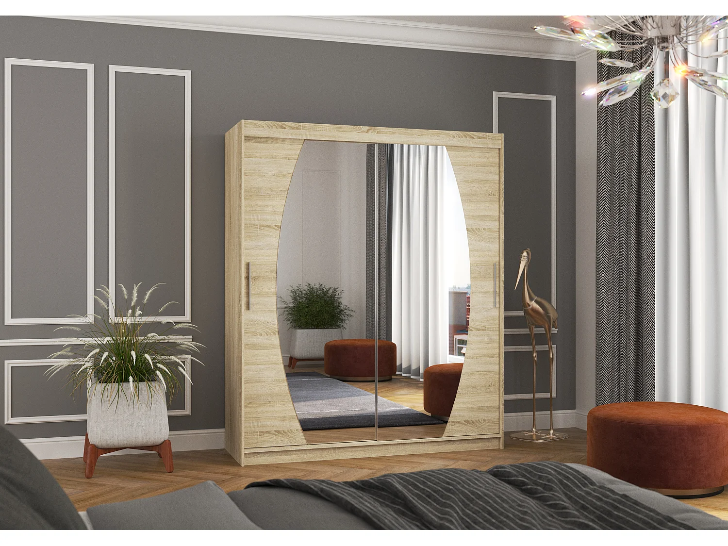 Armoire de chambre à coucher 2 portes coulissantes bois clair et miroir Balko 180cm