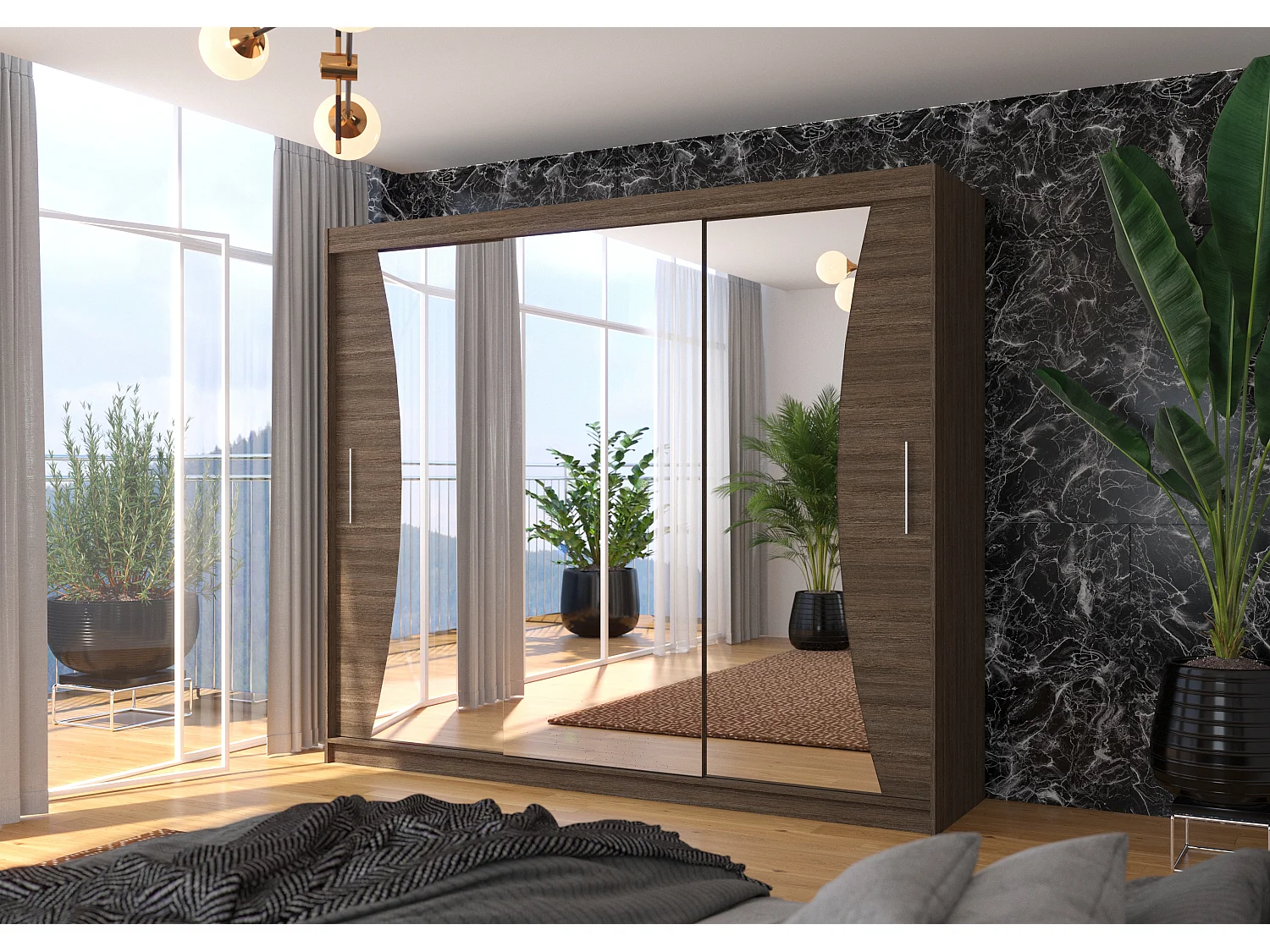 Grande armoire de chambre à coucher 3 portes coulissantes bois foncé et miroir Douko 250cm