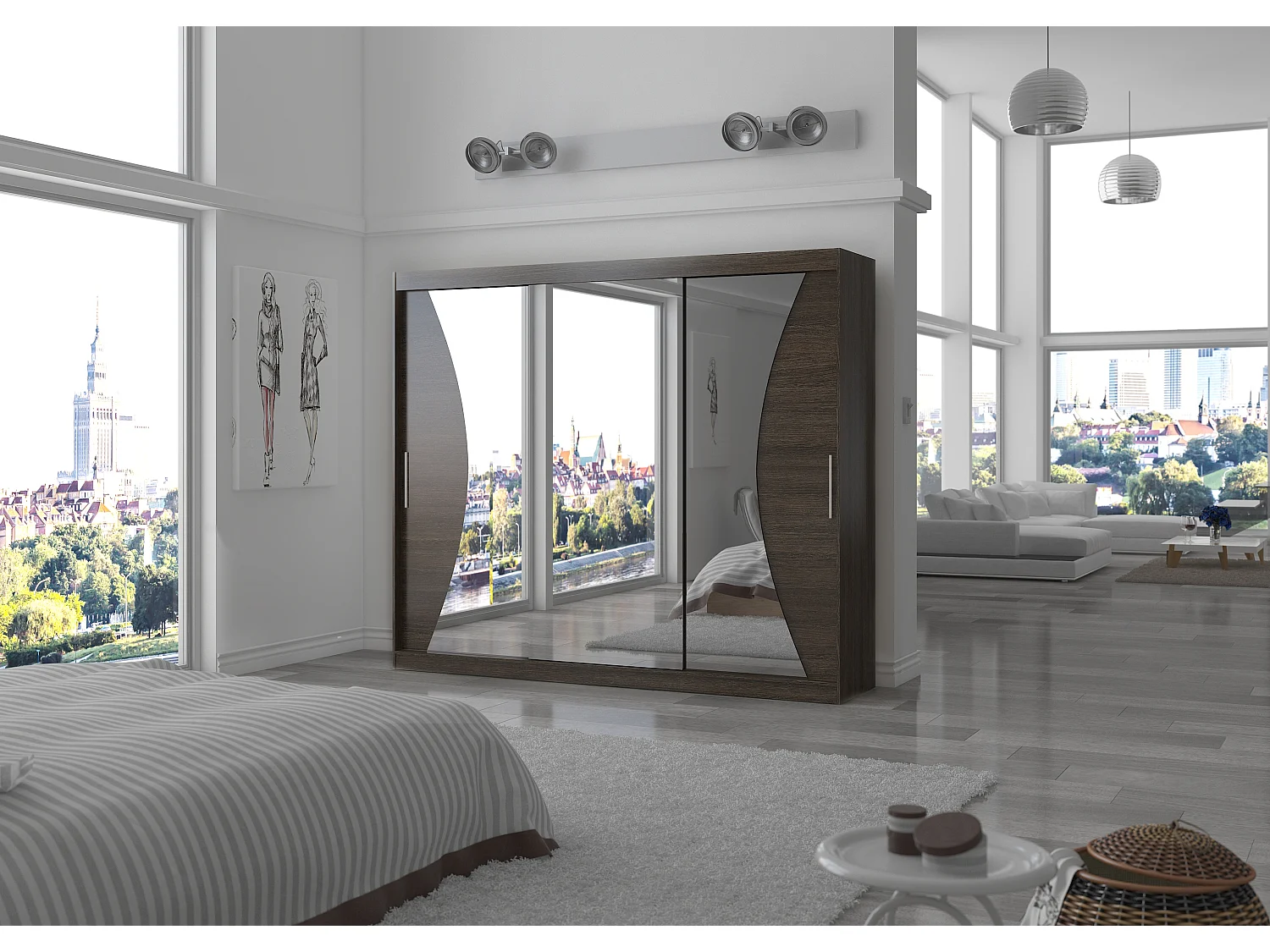 Grande armoire de chambre à coucher 3 portes coulissantes bois foncé et miroir Douko 250cm