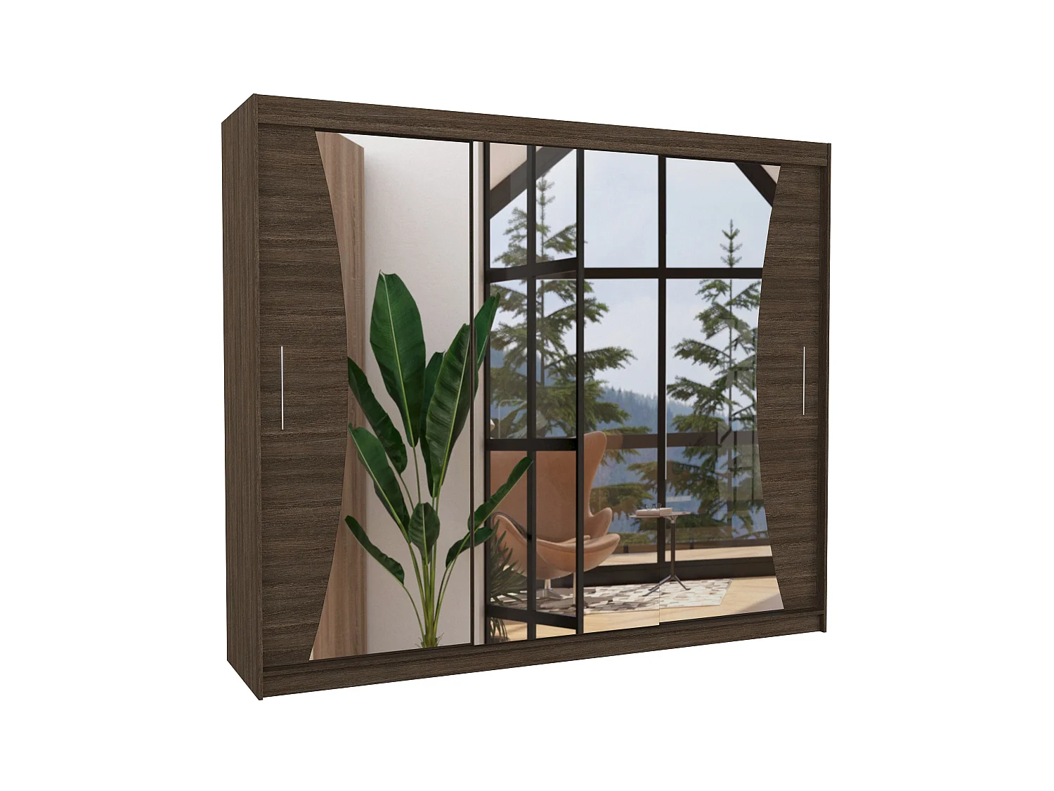 Grande armoire de chambre à coucher 3 portes coulissantes bois foncé et miroir Douko 250cm