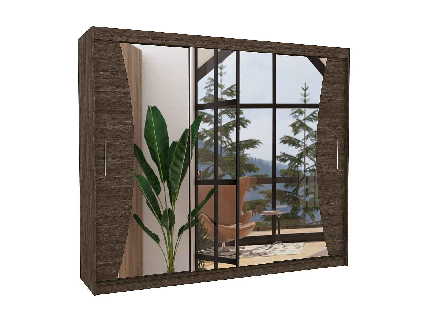 Grande armoire de chambre à coucher 3 portes coulissantes bois foncé et miroir Douko 250cm