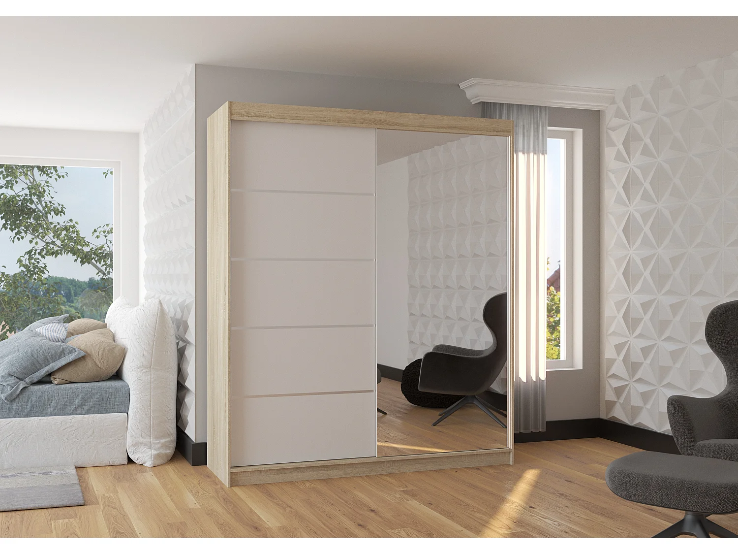 Armoire de chambre design bois clair 2 portes coulissantes bois blanc et alu avec miroir Karena 180cm