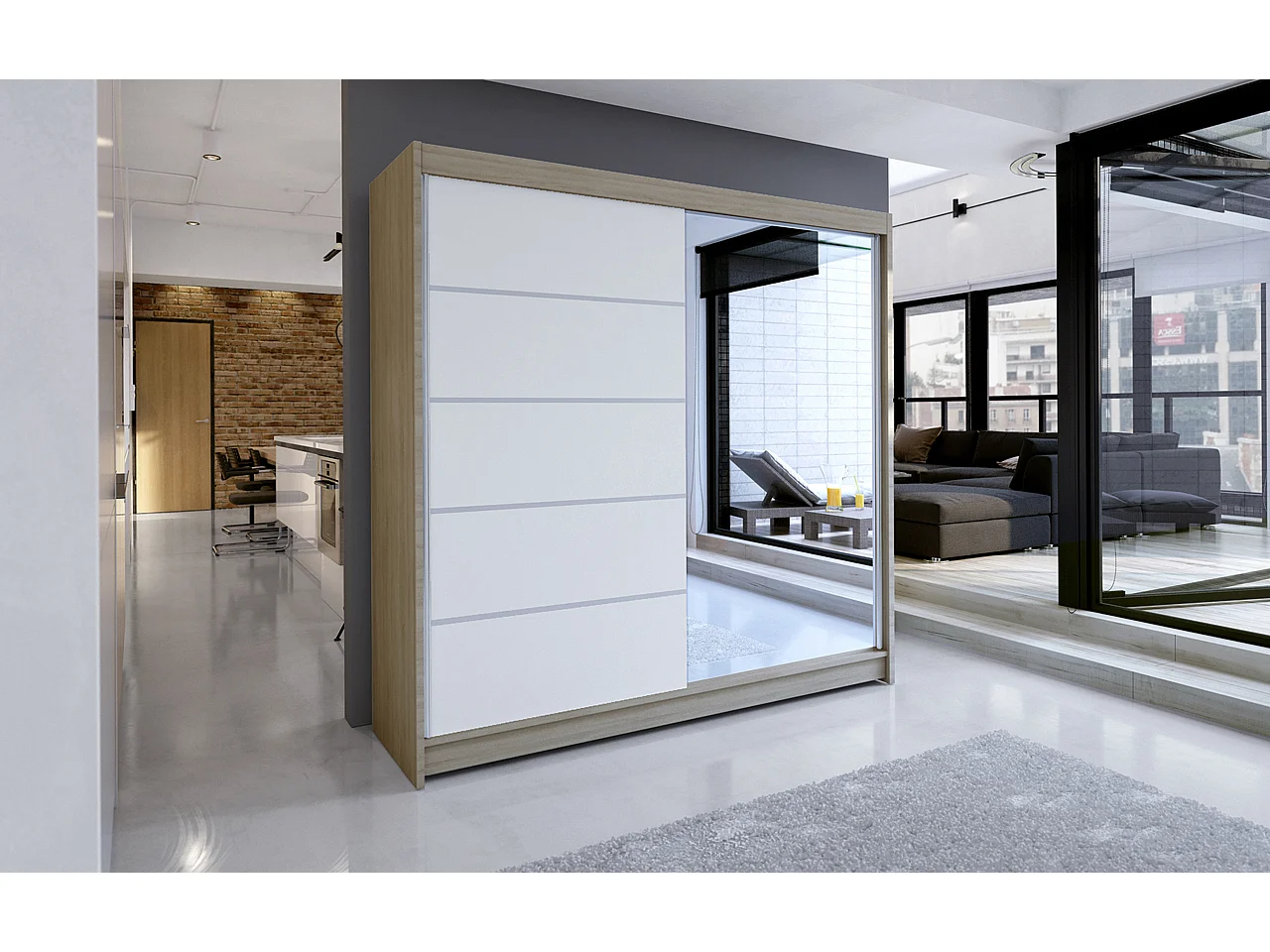 Armoire de chambre design bois clair 2 portes coulissantes bois blanc et alu avec miroir Karena 180cm