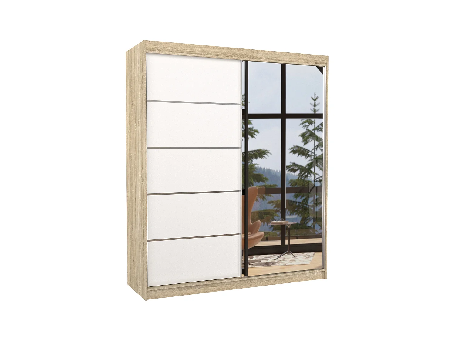Armoire de chambre design bois clair 2 portes coulissantes bois blanc et alu avec miroir Karena 180cm
