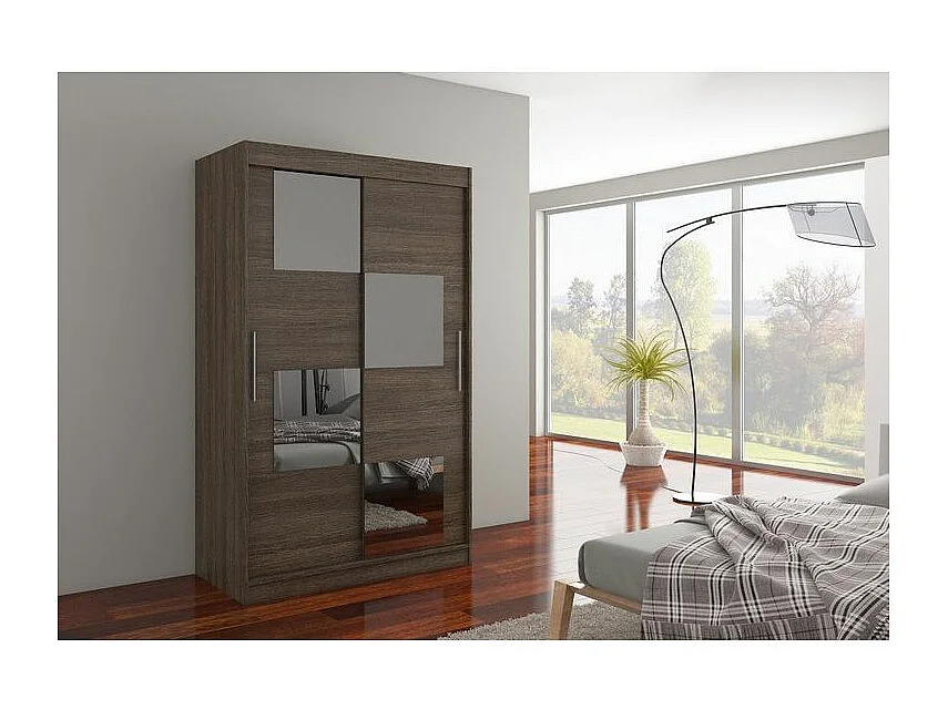 Petite armoire de chambre 2 portes coulissantes bois marron et 4 miroirs Luko 120cm