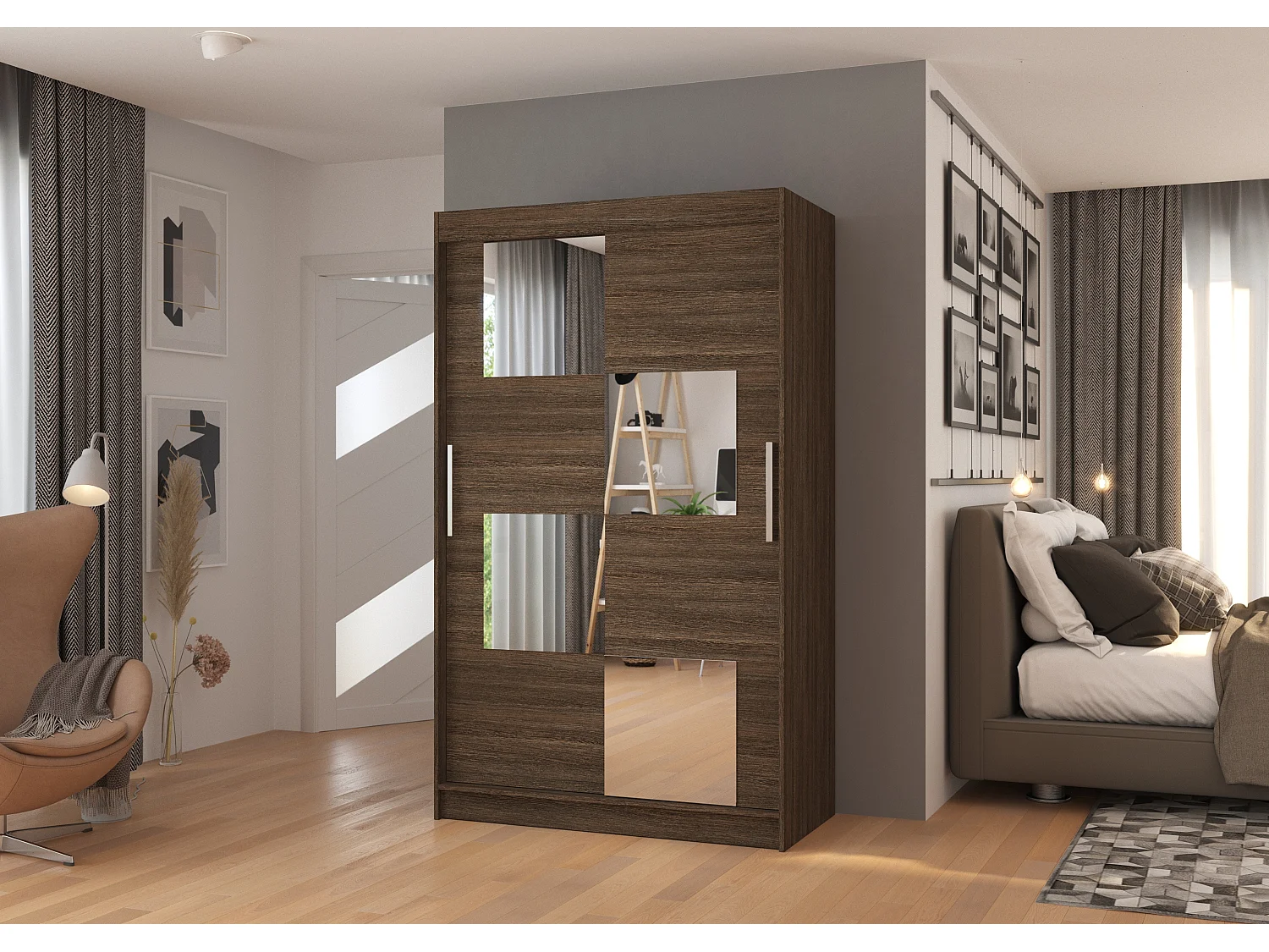 Petite armoire de chambre 2 portes coulissantes bois marron et 4 miroirs Luko 120cm