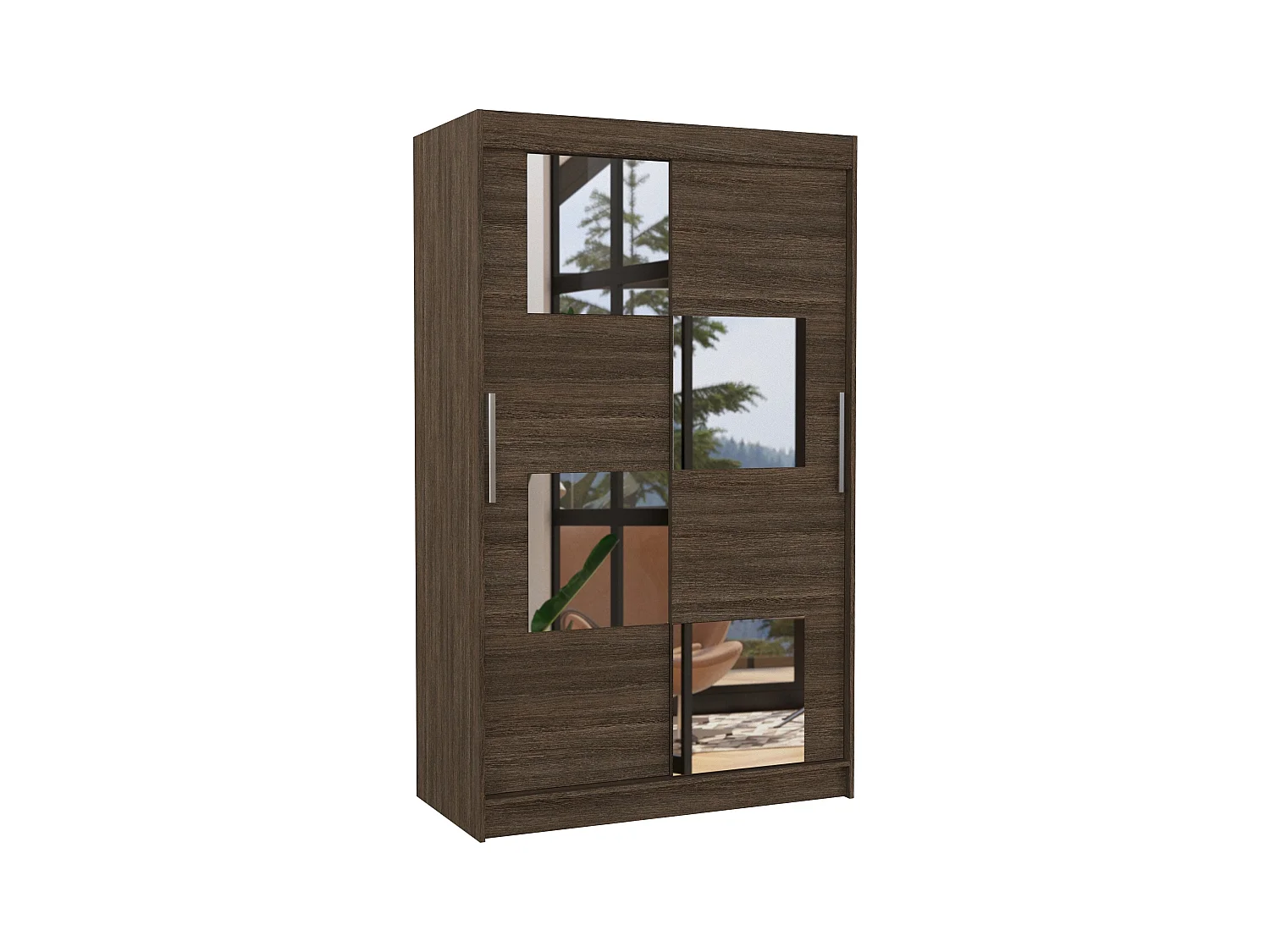 Petite armoire de chambre 2 portes coulissantes bois marron et 4 miroirs Luko 120cm