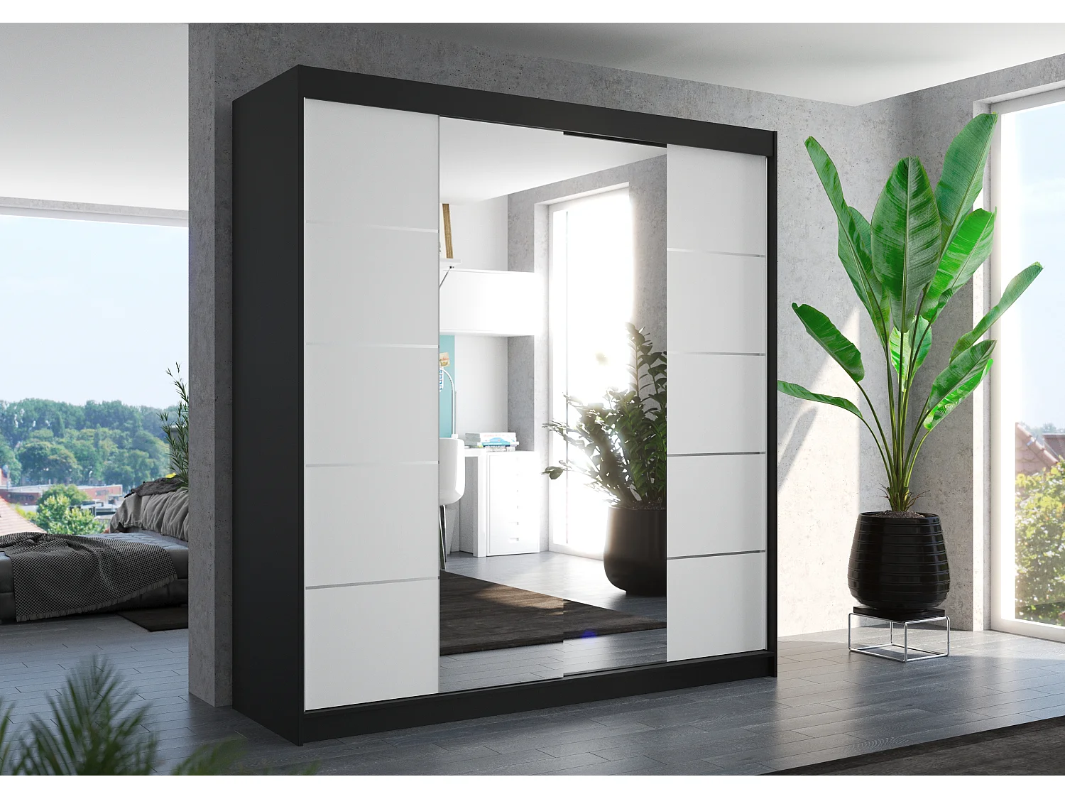 Armoire chambre adulte 2 portes coulissantes bois noir et blanc avec miroir Dalia 200cm
