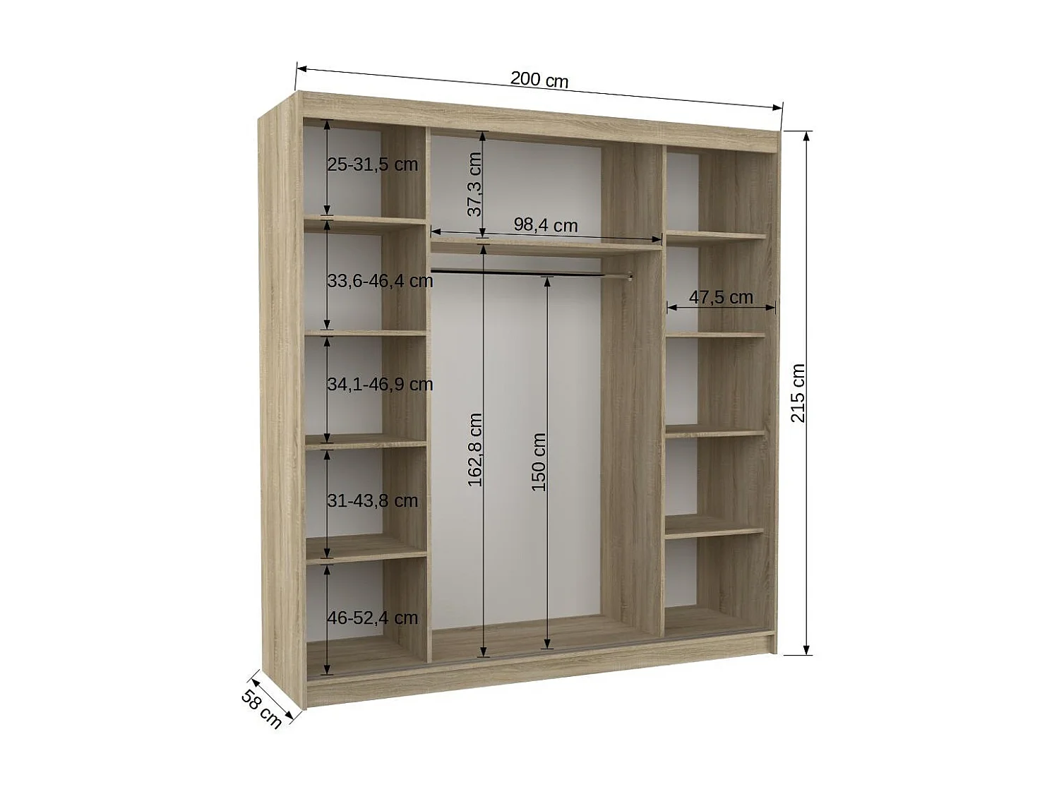 Armoire chambre adulte 2 portes coulissantes DALIA 200cm avec miroir-Noir/Blanc