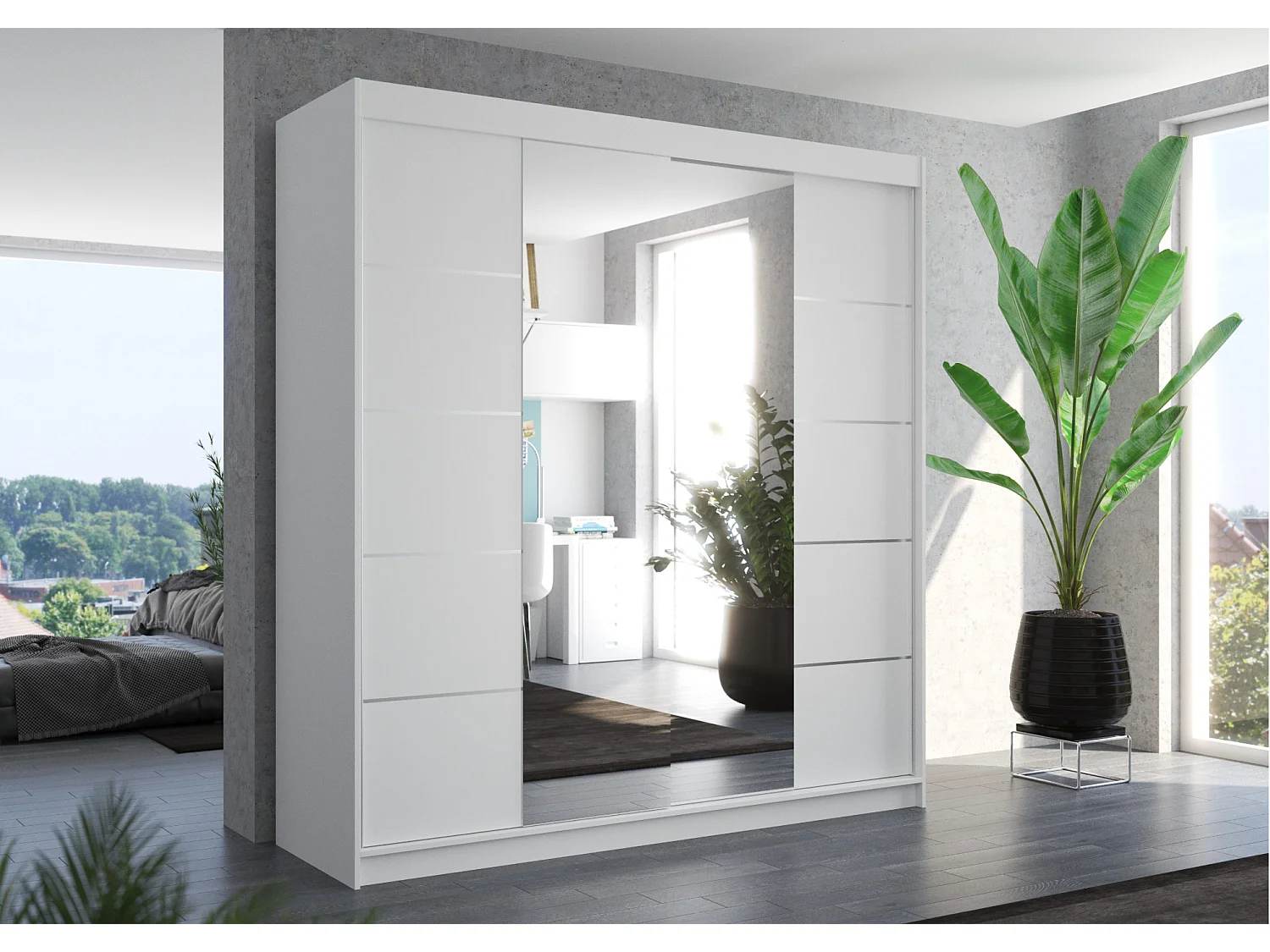 Armoire chambre adulte 2 portes coulissantes DALIA 200cm avec miroir-Noir/Blanc