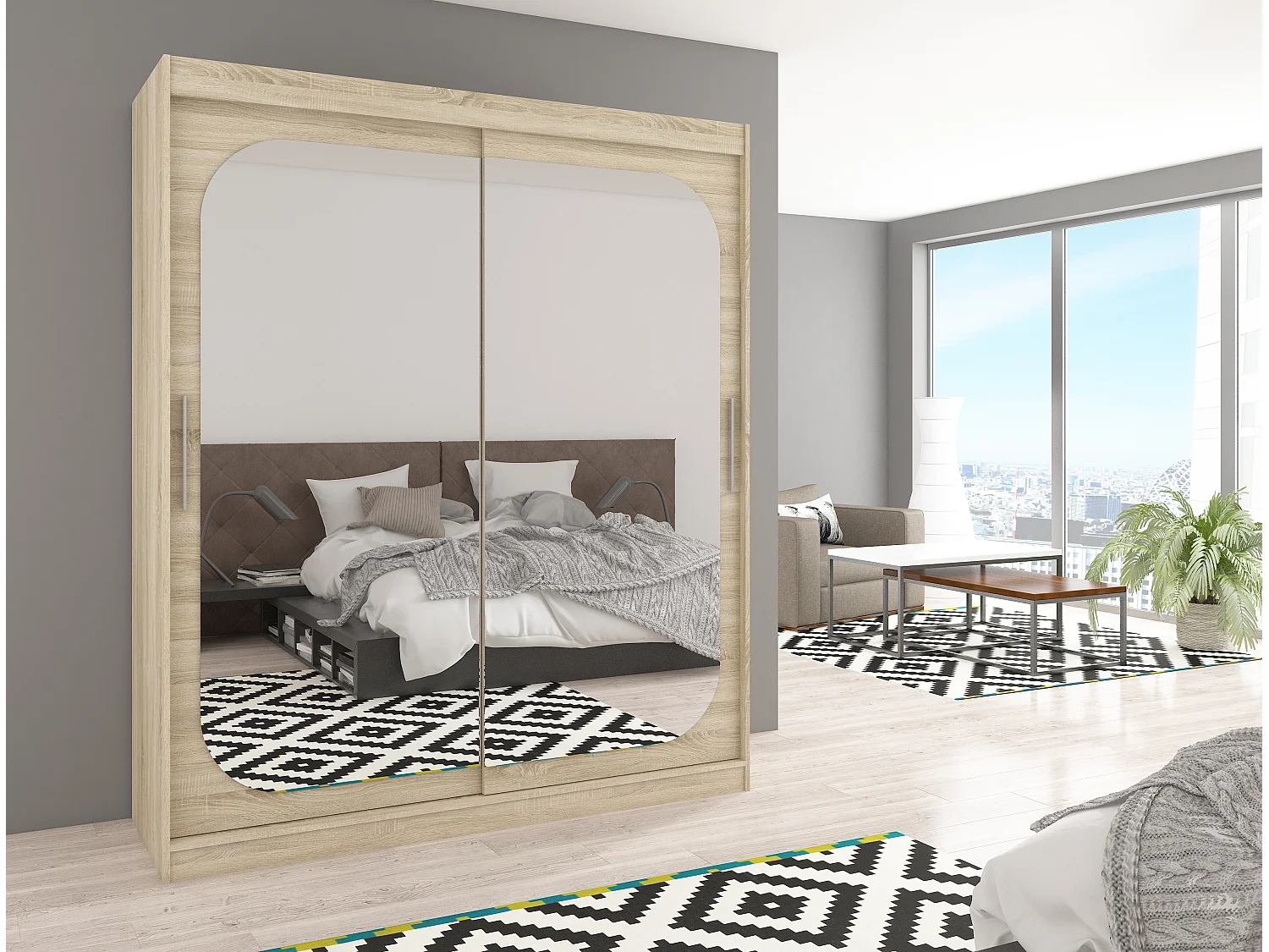 Armoire de chambre design bois clair 2 portes coulissantes avec miroir Ibizo 180cm