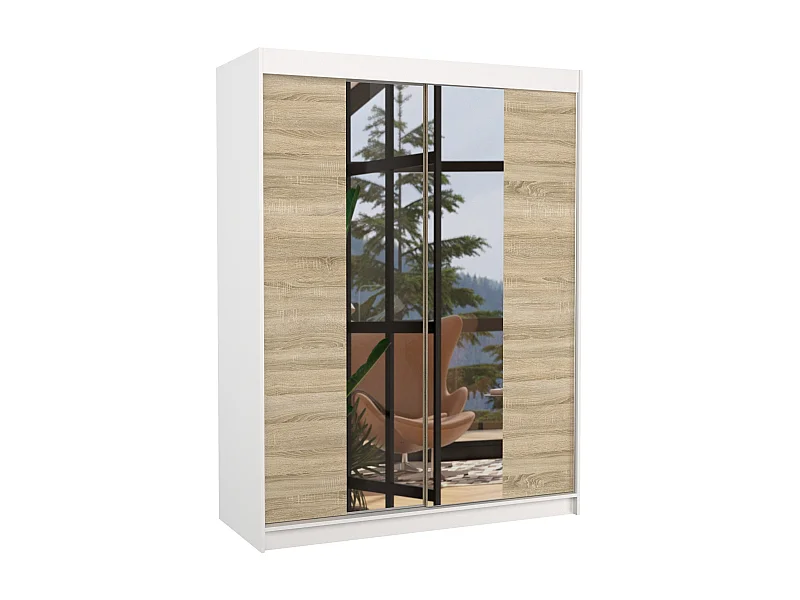 Armoire de chambre blanche 2 portes coulissantes bois clair et miroir Zomka 150cm