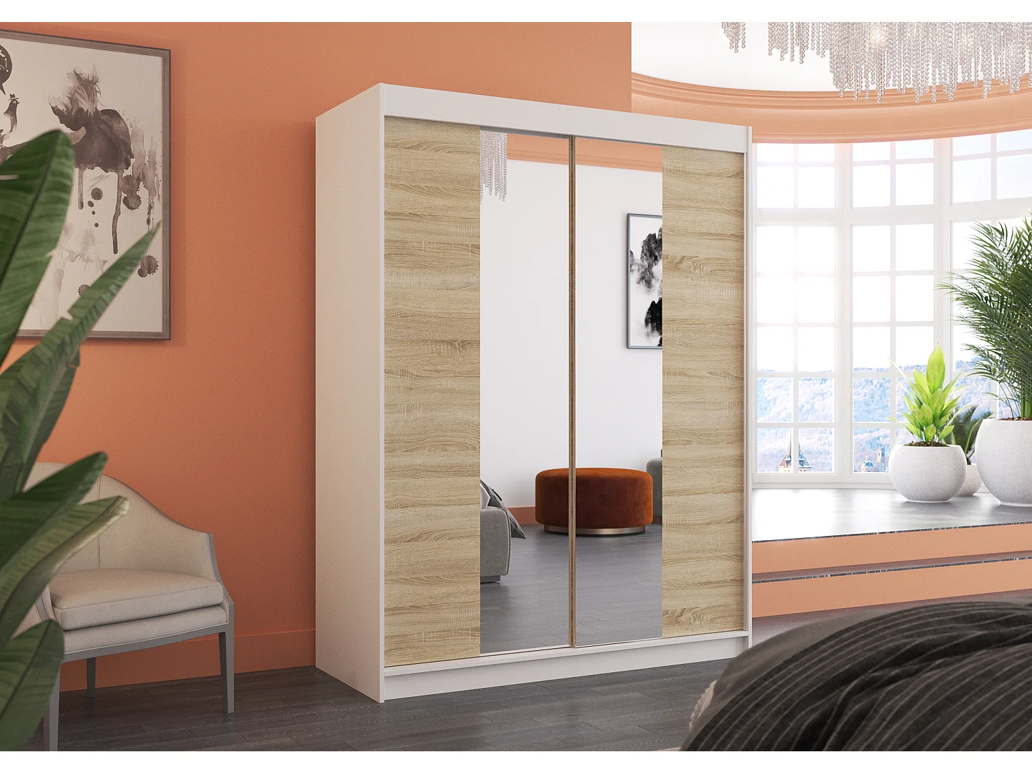 Armoire de chambre blanche 2 portes coulissantes bois clair et miroir Zomka 150cm