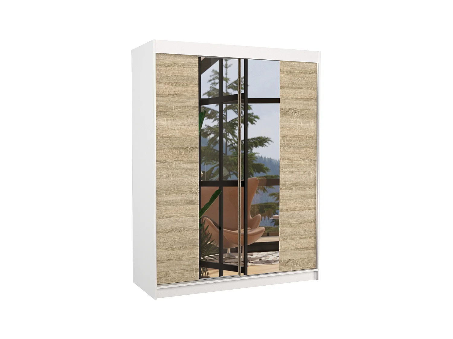 Armoire de chambre blanche 2 portes coulissantes bois clair et miroir Zomka 150cm
