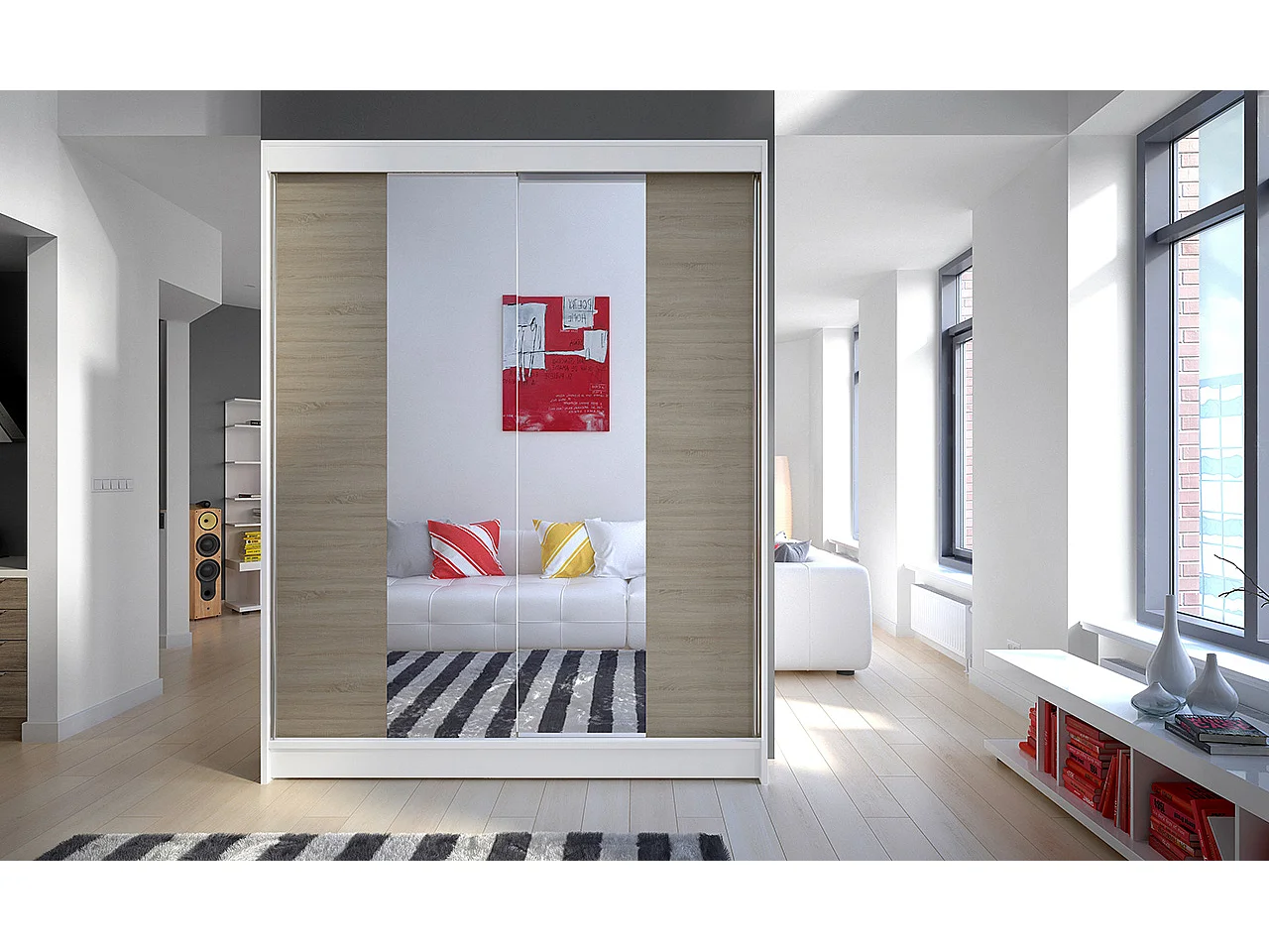 Armoire de chambre blanche 2 portes coulissantes bois clair et miroir Zomka 150cm