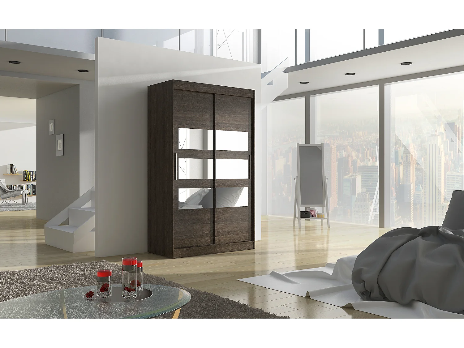 Petite armoire de chambre à coucher 2 portes coulissantes marron avec 6 miroir Kolida 120cm