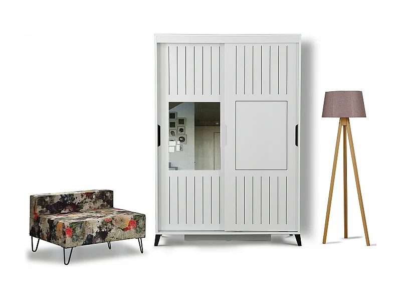 Witte volwassenenkast 2 schuifdeuren met spiegel Marka-Breedte 120 cm