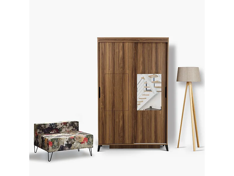 Armoire 2 portes coulissantes avec miroir Olgin L120xH216cm Bois foncé