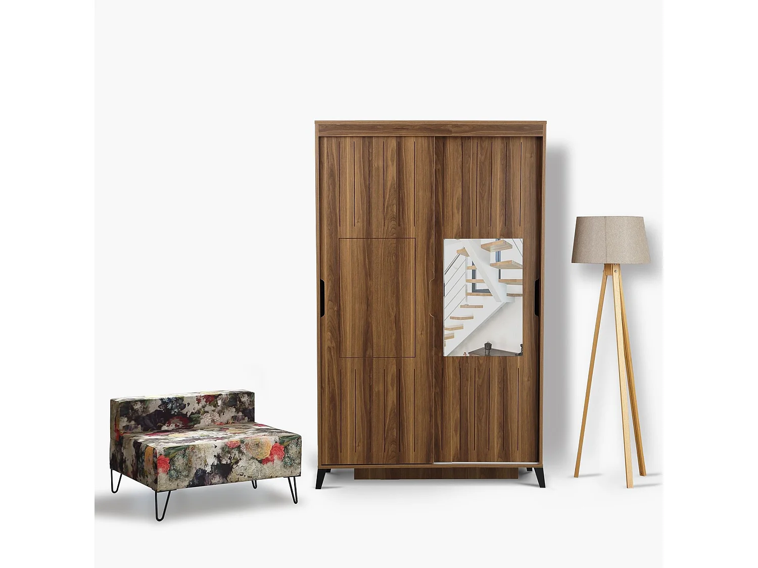 Bruin houten volwassenenkast 2 schuifdeuren met spiegel Marka - 8 maten-Breedte 120 cm