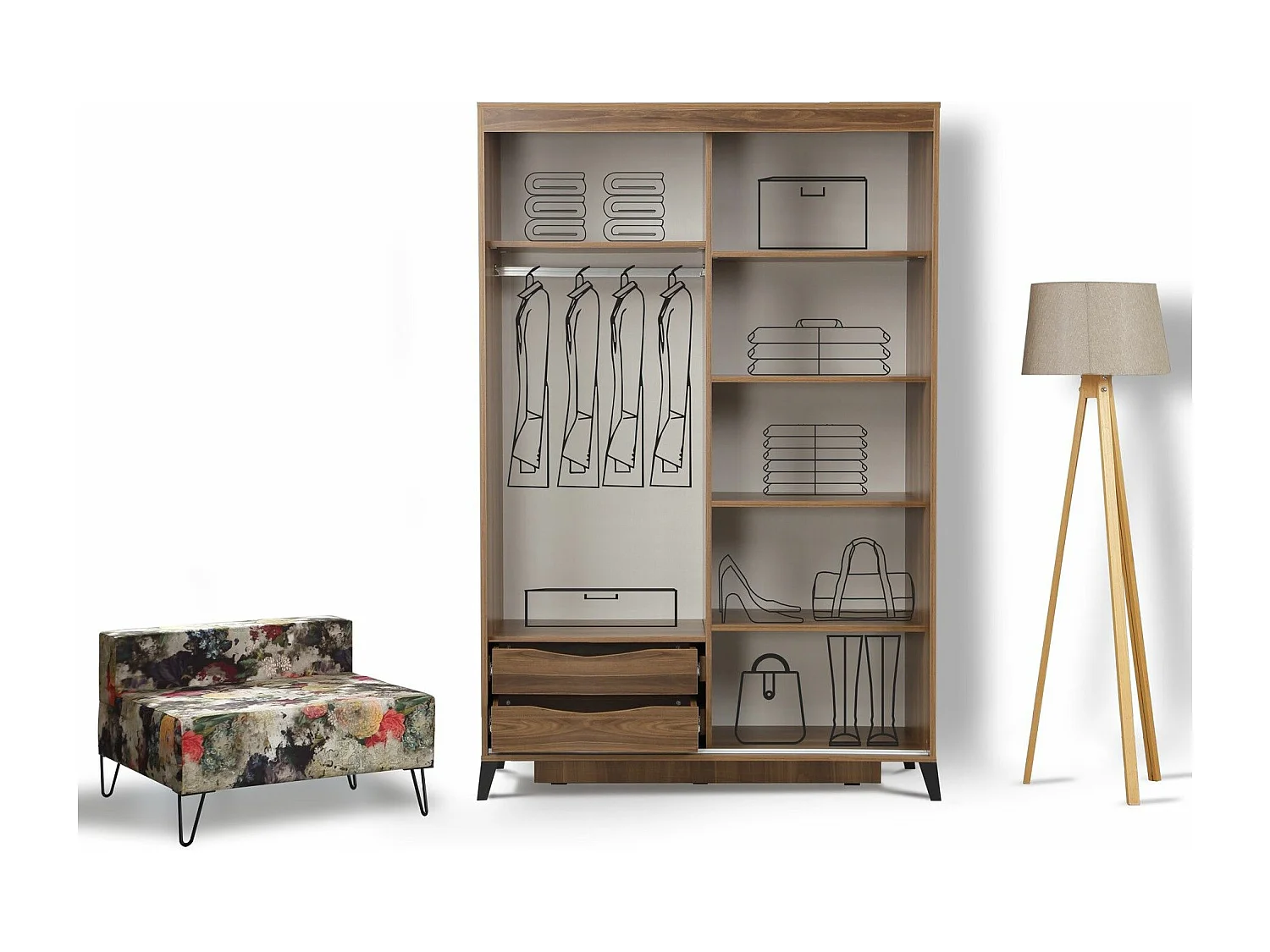 Bruin houten volwassenenkast 2 schuifdeuren met spiegel Marka - 8 maten-Breedte 120 cm