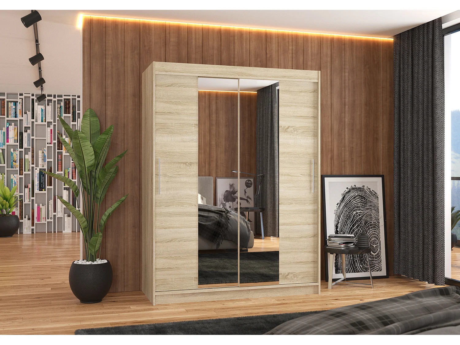 Armoire de chambre 2 portes coulissantes bois naturel et miroir Linoa 150cm