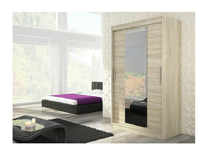 Armoire de chambre 2 portes coulissantes bois naturel et miroir Linoa 150cm