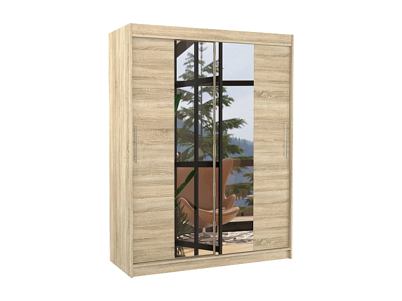 Armoire de chambre 2 portes coulissantes bois naturel et miroir Linoa 150cm