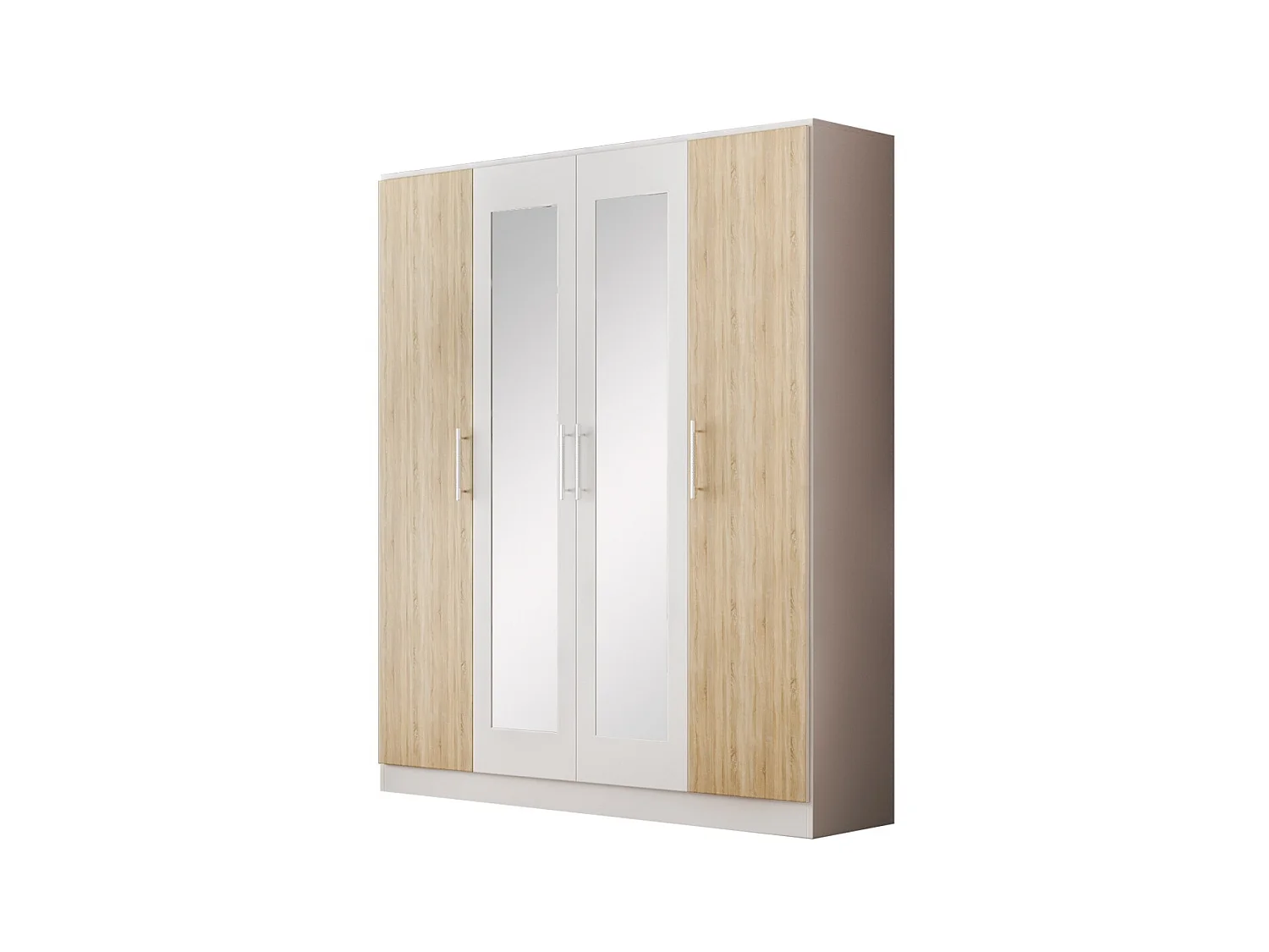 Armoire de chambre 4 portes battantes bois blanc brillant et bois naturel mat Dova 162cm