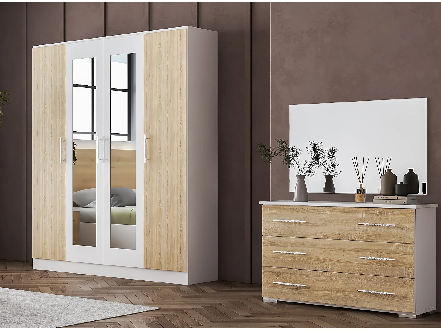 Armoire de chambre 4 portes battantes bois blanc brillant et bois naturel mat Dova 162cm