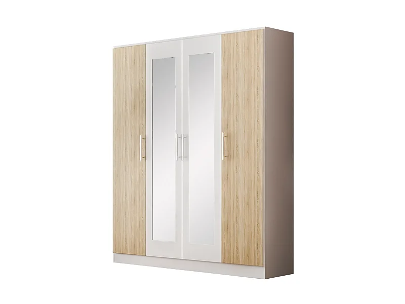Armoire de chambre 4 portes battantes bois blanc brillant et bois naturel mat Dova 162cm