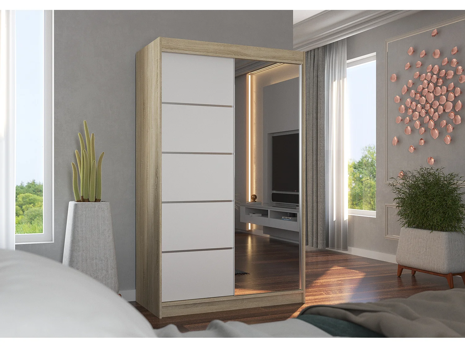 Petite armoire de chambre 2 portes coulissantes bois naturel et blanc avec miroir Noka 120cm