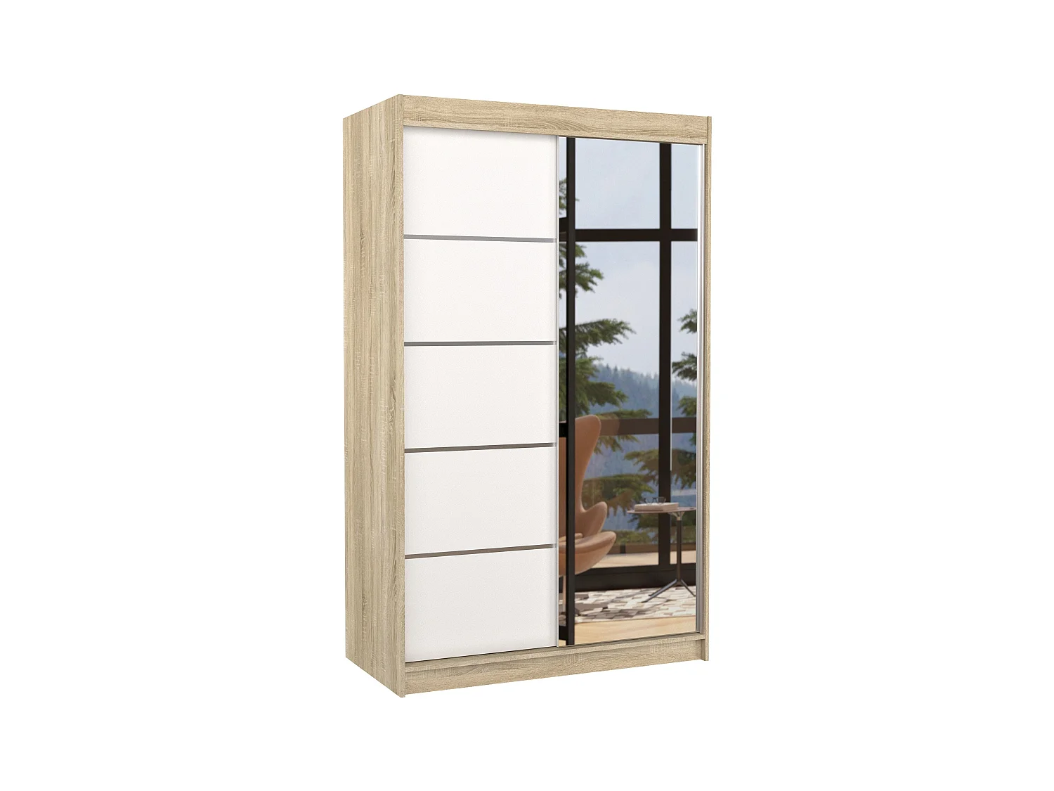 Petite armoire de chambre 2 portes coulissantes bois naturel et blanc avec miroir Noka 120cm