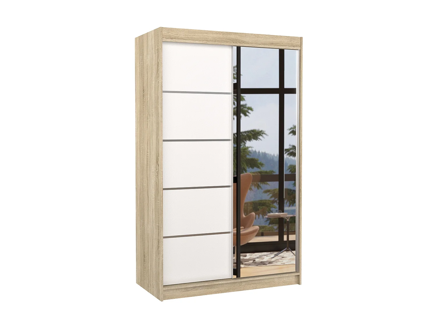 Petite armoire de chambre 2 portes coulissantes bois naturel et blanc avec miroir Noka 120cm