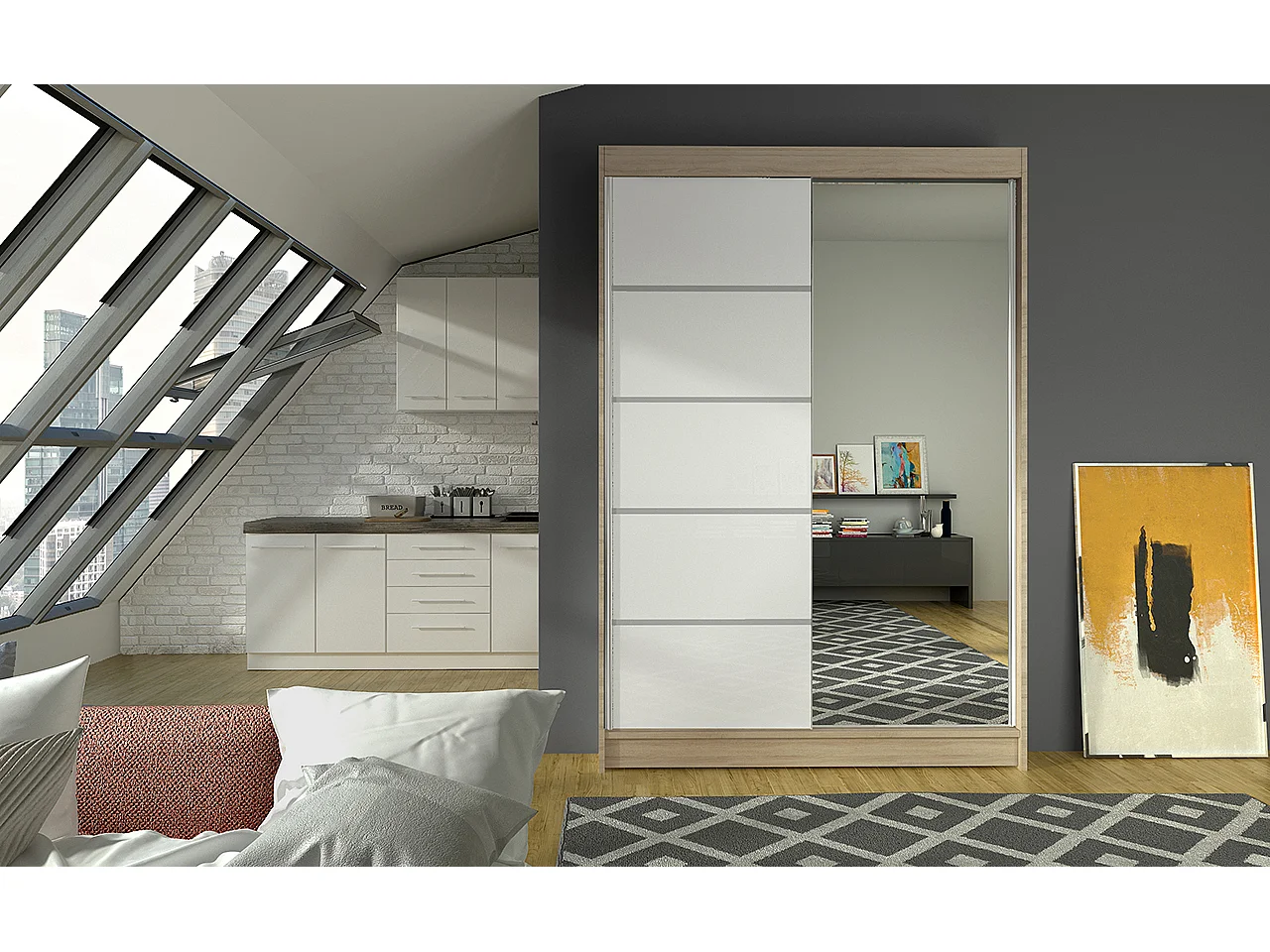 Petite armoire de chambre 2 portes coulissantes bois naturel et blanc avec miroir Noka 120cm