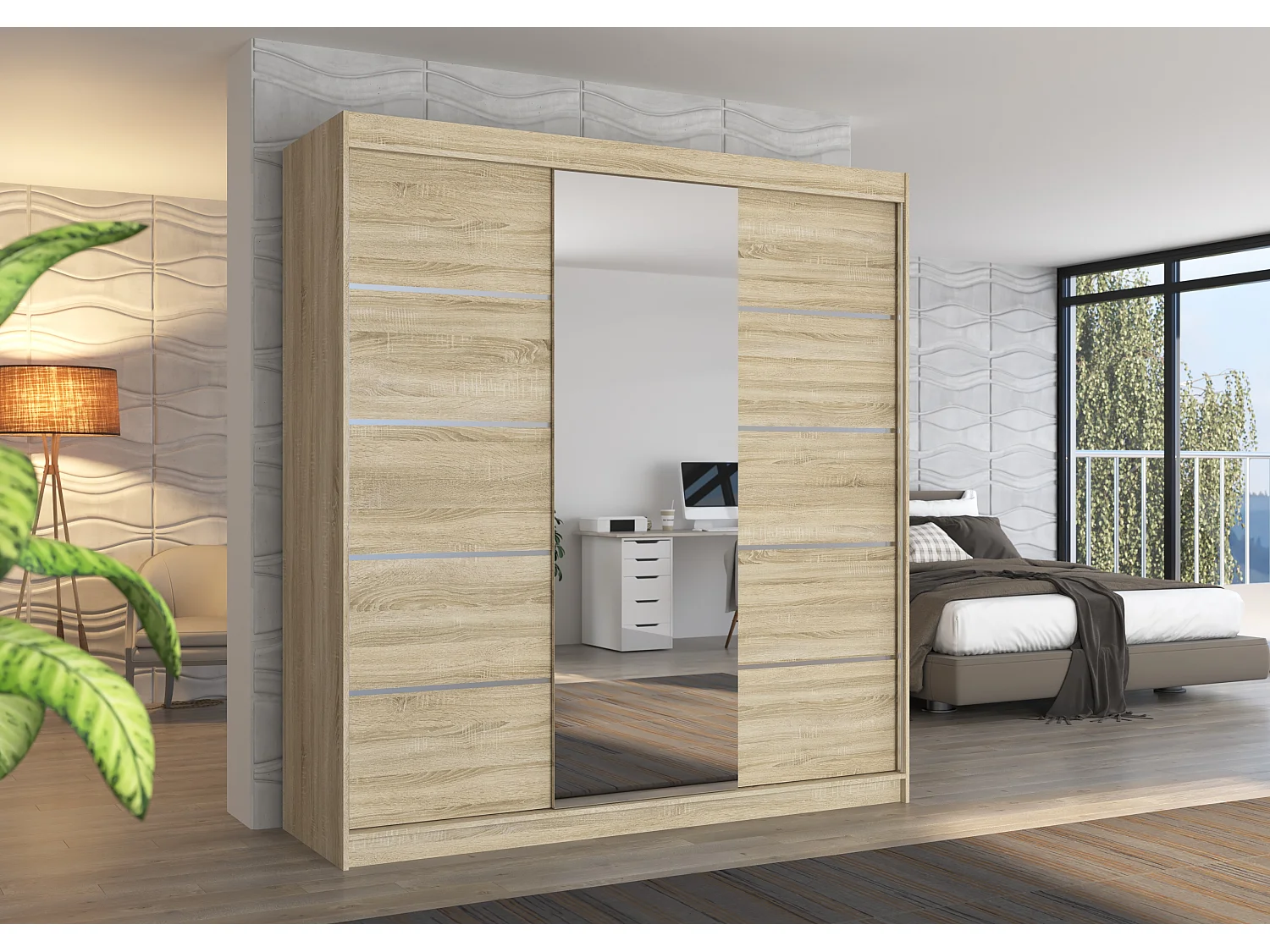 Armoire chambre adulte 2 portes coulissantes bois clair et miroir Baker 200cm