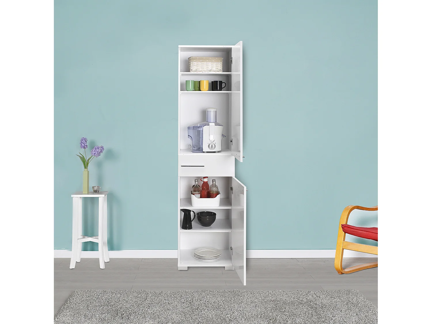 Colonne de rangement multifonctions blanche 2 portes 1 tiroir Lika 45cm