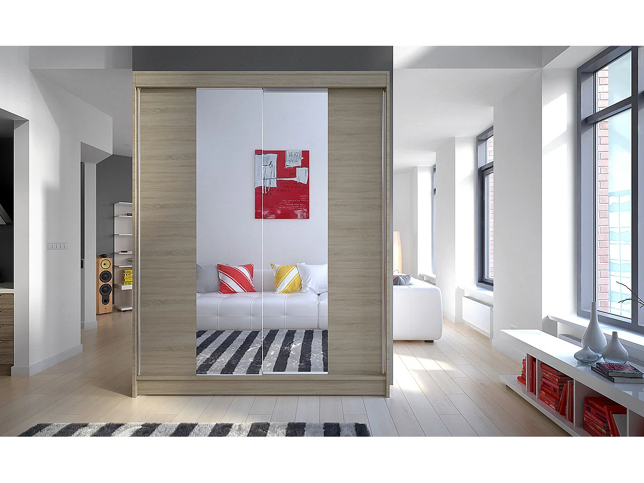 Armoire de chambre 2 portes coulissantes bois clair et miroir Zomka 150cm