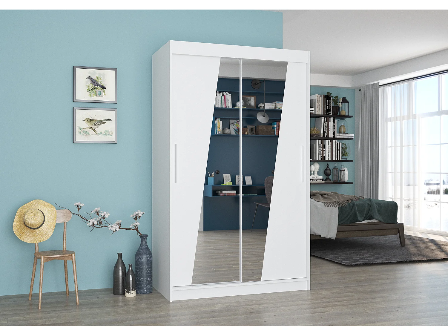 Petite armoire de chambre 2 portes coulissantes bois blanc et miroirs en diagonale Texano 120cm