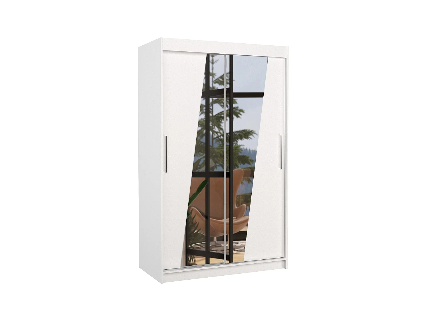 Petite armoire de chambre 2 portes coulissantes bois blanc et miroirs en diagonale Texano 120cm