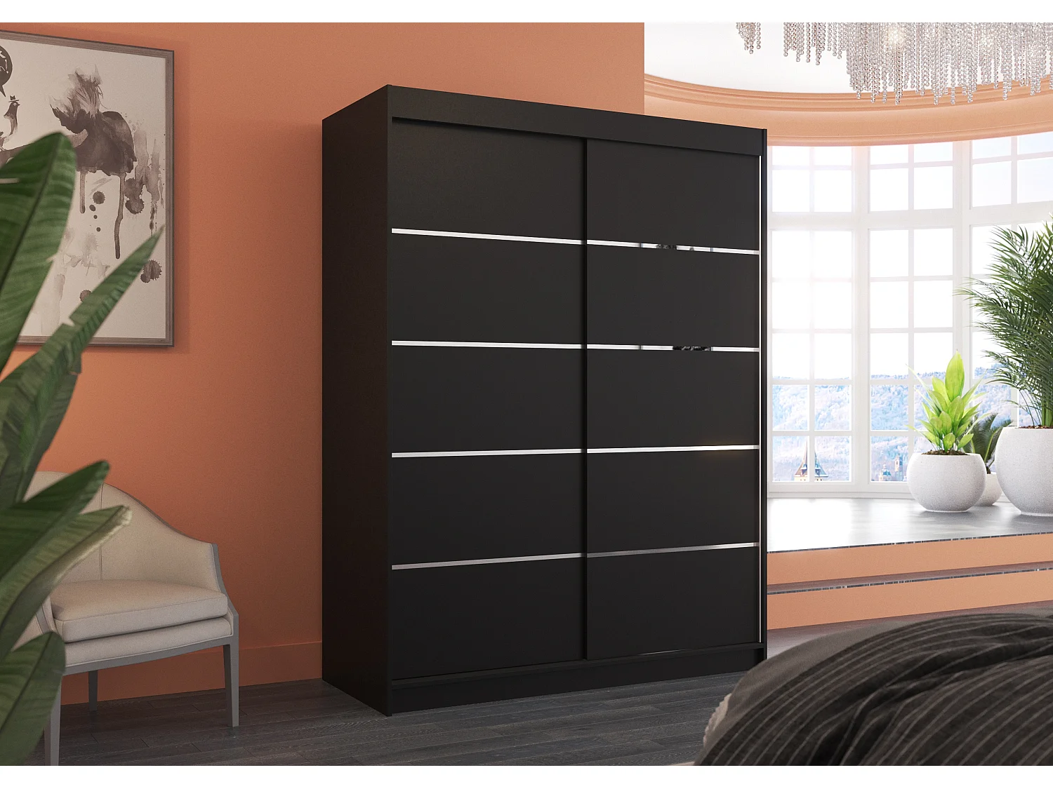 Armoire de chambre à coucher noir 2 portes coulissantes bois noir et alu Kubik 150cm
