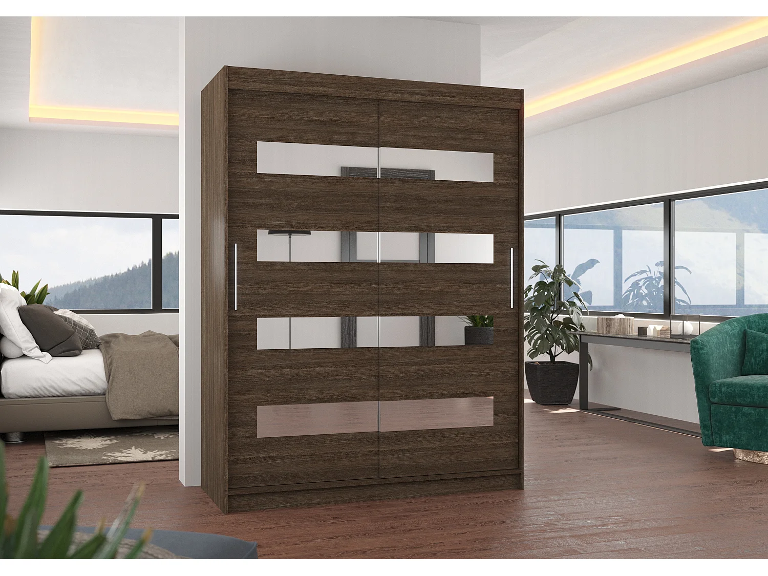 Armoire de chambre marron 2 portes coulissantes marron et miroirs horizontaux Bozika 150cm