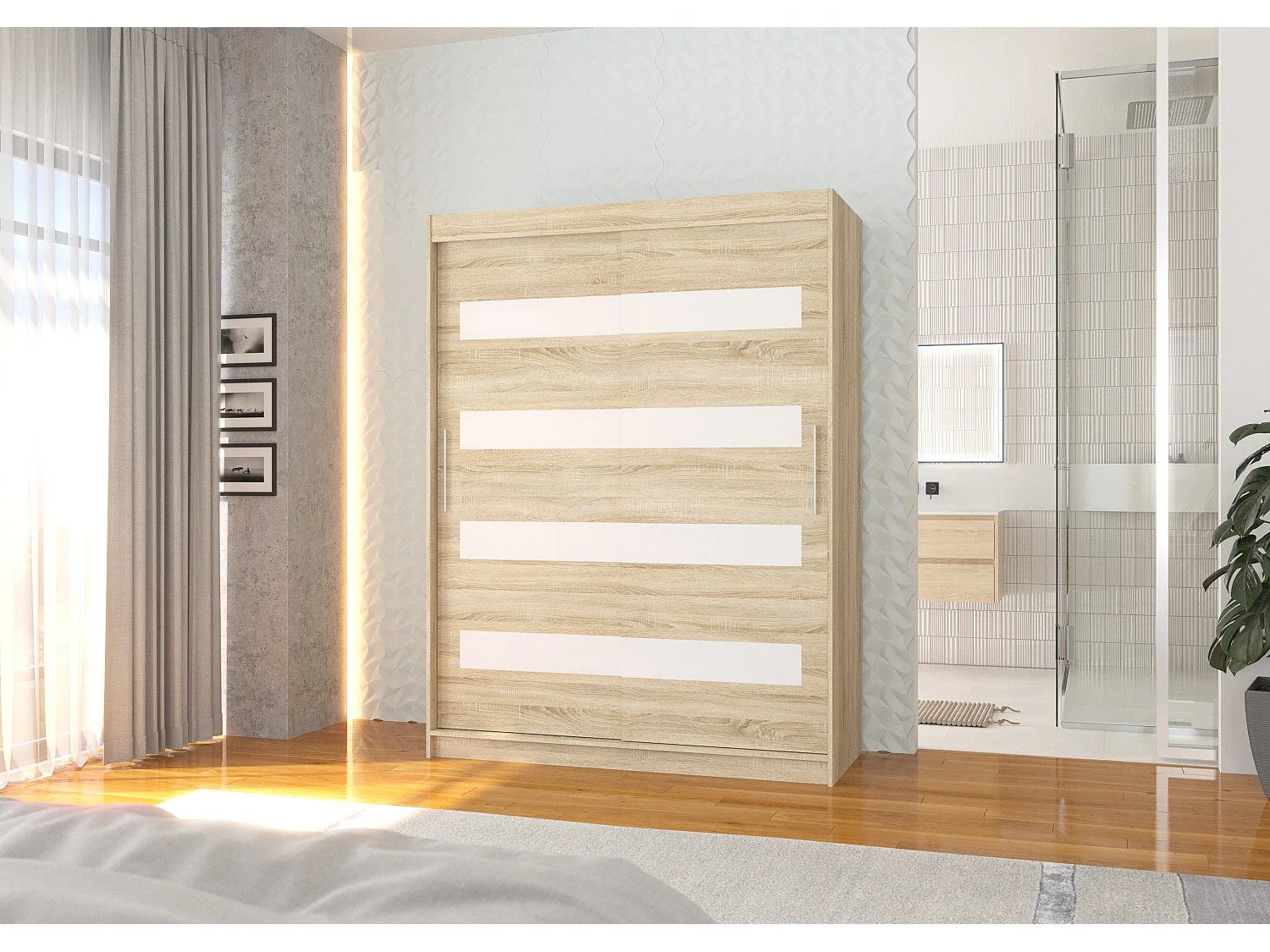 Armoire de chambre à coucher naturel 2 portes coulissantes naturel mat et blanc laqué Zanko 150cm