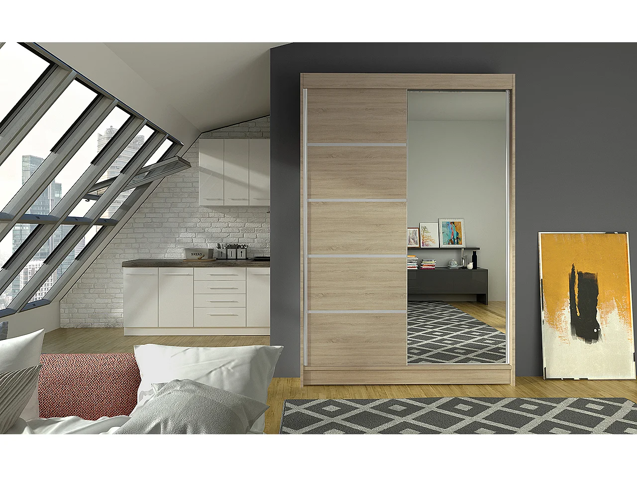 Petite armoire de chambre 2 portes coulissantes bois clair et miroir Noka 120cm